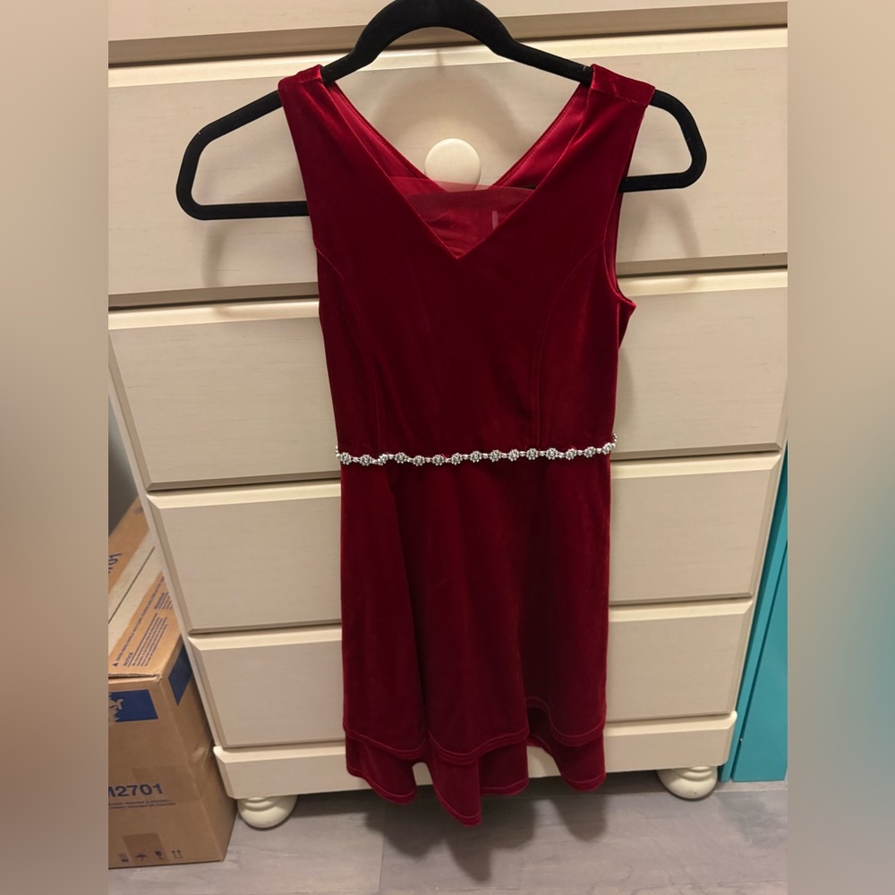 Girls Christmas Red Velvet Sleeveless Dress with Rhinestone Belt